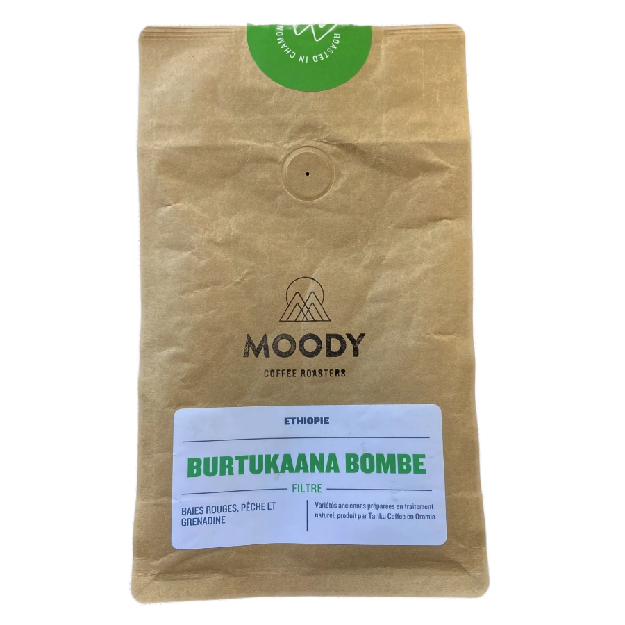 Image of a coffee packaging from the roastery Moody Coffee Roasters for the coffee named Burtukaana Bombe